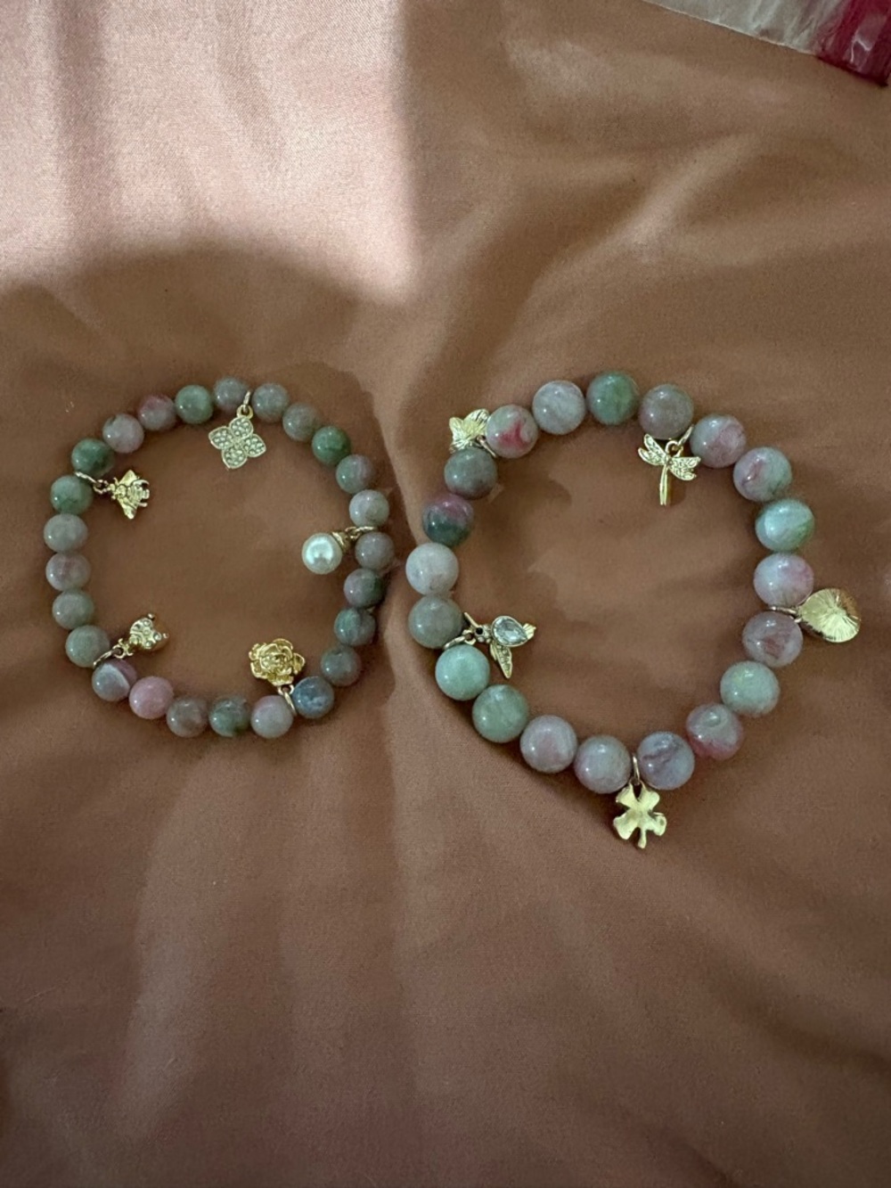 Avon Pink and Green Beaded Stretch Bracelets with Gold Charms